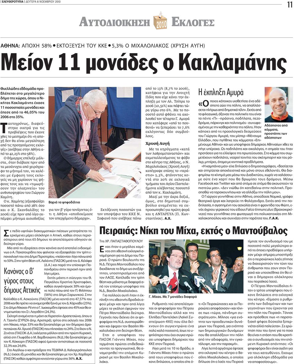αυτοχρόνως, διαψεύστηκε οικτρά για τις προβλέψεις που έκανε χθες το µεσηµέρι ότι «η αποχή δεν θα είναι µεγαλύτερη από τις προηγούµενες εκλογές» (ανέβηκε στην Αθήνα α- πό το 42,23% στο 58%).