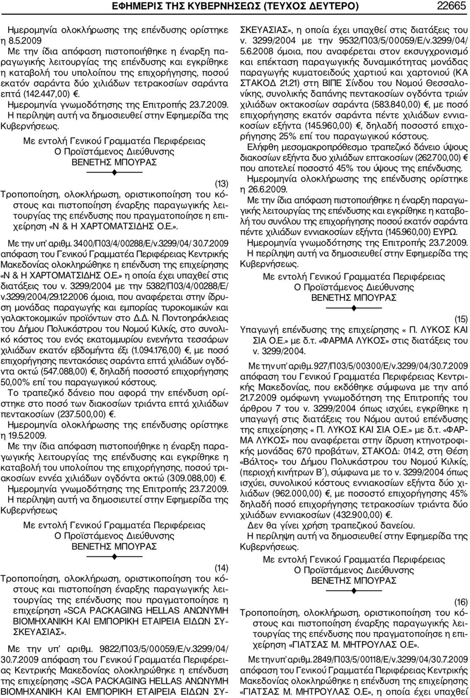 2009 Με την ίδια απόφαση πιστοποιήθηκε η έναρξη πα ραγωγικής λειτουργίας της επένδυσης και εγκρίθηκε η καταβολή του υπολοίπου της επιχορήγησης, ποσού εκατόν σαράντα δύο χιλιάδων τετρακοσίων σαράντα