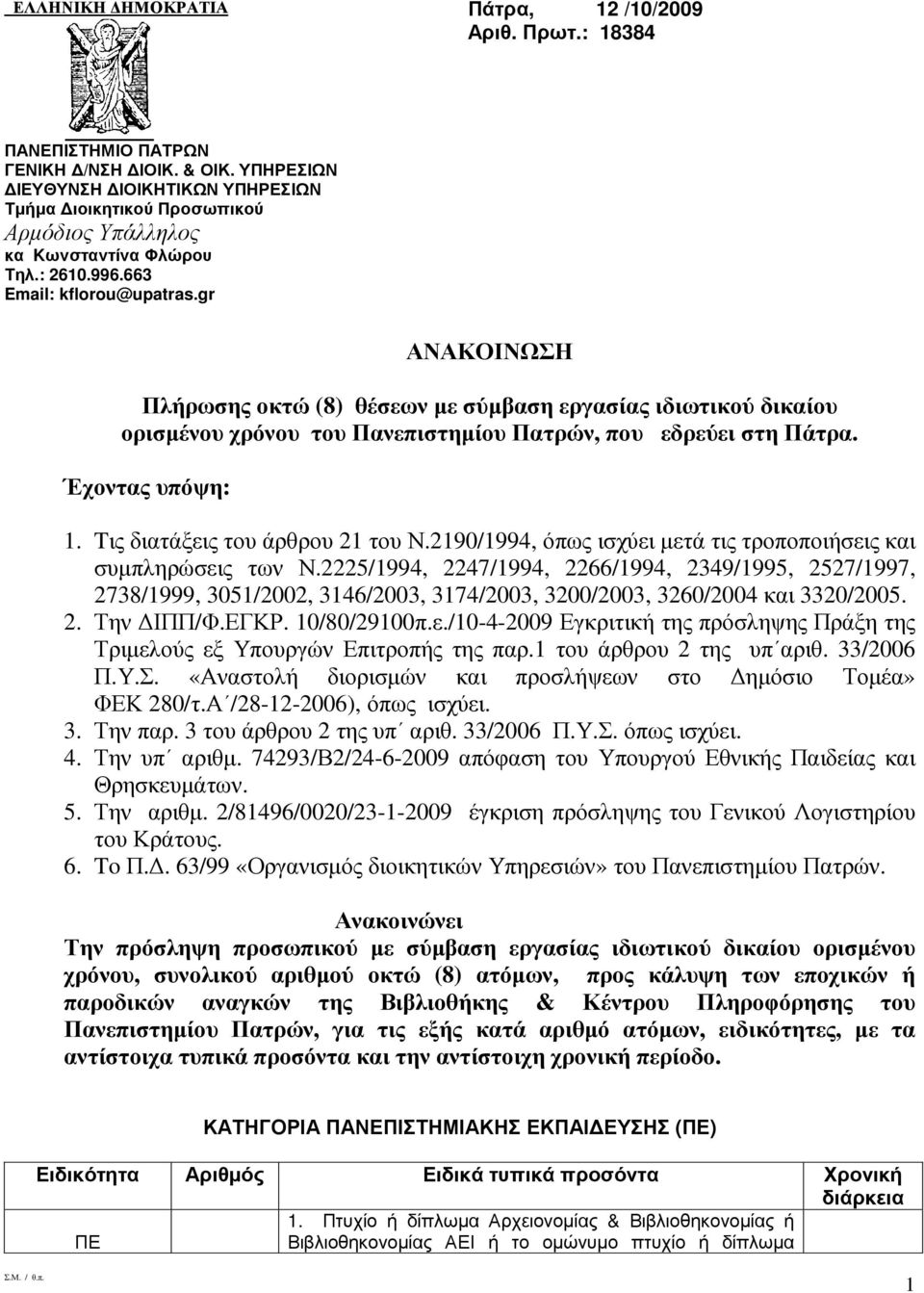 gr ΑΝΑΚΟΙΝΩΣΗ Πλήρωσης οκτώ (8) θέσεων µε σύµβαση εργασίας ιδιωτικού δικαίου ορισµένου χρόνου του Πανεπιστηµίου Πατρών, που εδρεύει στη Πάτρα. Έχοντας υπόψη: 1. Tις διατάξεις του άρθρου 21 του Ν.