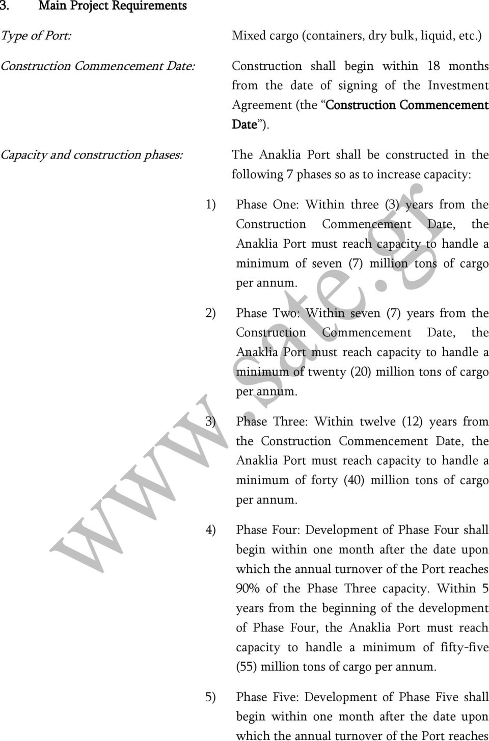 The Anaklia Port shall be constructed in the following 7 phases so as to increase capacity: 1) Phase One: Within three (3) years from the Construction Commencement Date, the Anaklia Port must reach