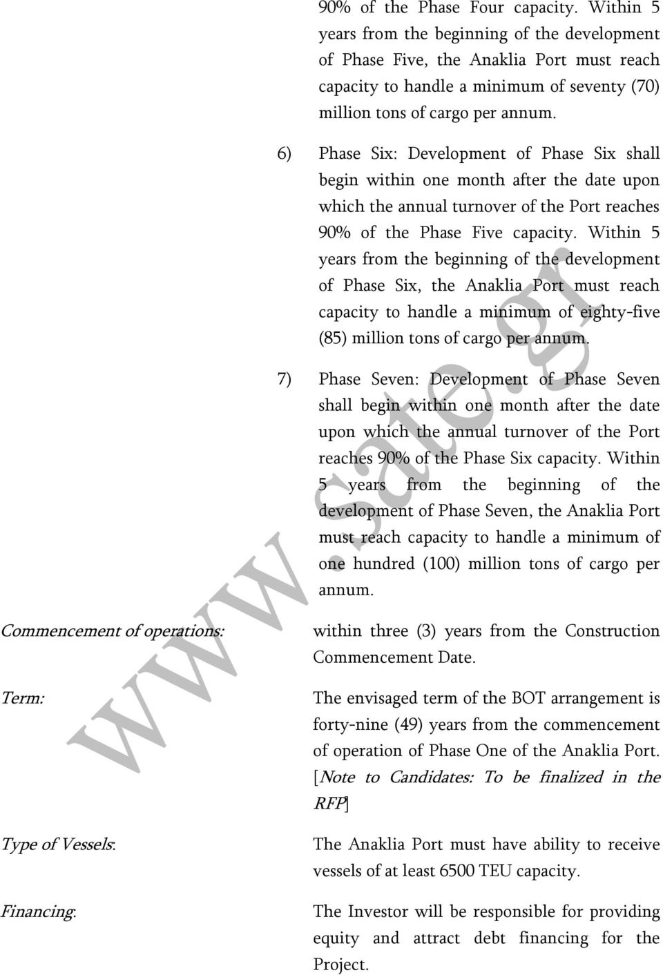 6) Phase Six: Development of Phase Six shall begin within one month after the date upon which the annual turnover of the Port reaches 90% of the Phase Five capacity.