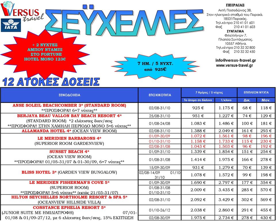 gr www.versus-travel.gr ΞΕΝΟ ΟΧΕΙΑ ANSE SOLEIL BEACHCOMBER 3* (STANDARD ROOM) **ΠΡΟΣΦΟΡΑ!! 6=7 νύχτες** BERJAYA BEAU VALLON BAY BEACH RESORT 4* (STANDARD ROOM) *2 ελάχιστες διαν/σεις **ΠΡΟΣΦΟΡΑ!
