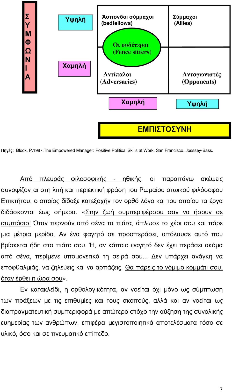 Από πλευράς φιλοσοφικής - ηθικής, οι παραπάνω σκέψεις συνοψίζονται στη λιτή και περιεκτική φράση του Ρωμαίου στωικού φιλόσοφου Επικτήτου, ο οποίος δίδαξε κατεξοχήν τον ορθό λόγο και του οποίου τα