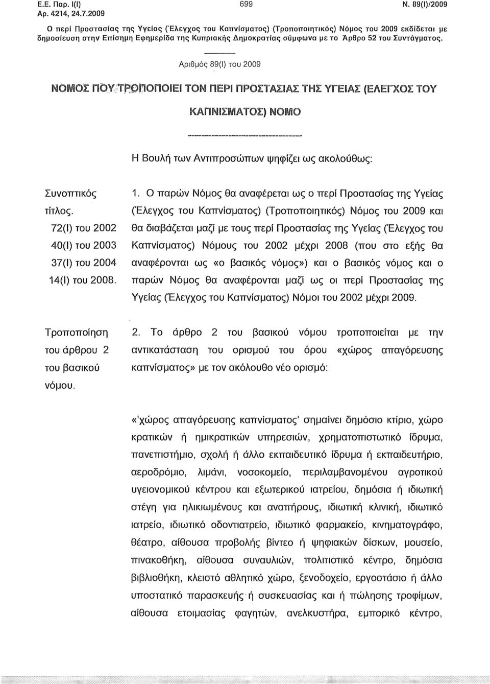 Συντάγματος. Αριθμός 89(1) του 2009 ΝΟΜΟΣ ΠΟΥ:'ΤΒΘΙΠΟΠΟ!Ε! ΤΟΝ ΠΕΡΙ ΠΡΟΣΤΑΣΙΑΣ ΤΗΣ ΥΓΕΙΑΣ (ΕΛΕΓΧΟΣ ΤΟΥ ΚΑΠΝΙΣΜΑΤΟΣ) ΝΟΜΟ Η Βουλή των Αντιπροσώπων ψηφίζει ως ακολούθως: Συνοπτικός τίτλος.