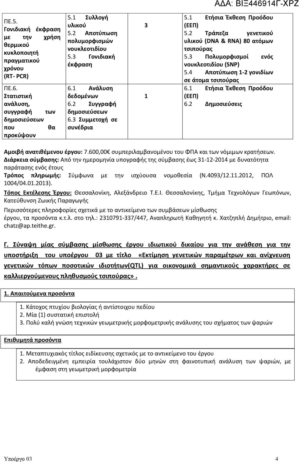 2 Τράπεζα γενετικού υλικού (DNA & RNA) 80 ατόμων τσιπούρας 5.3 Πολυμορφισμοί ενός νουκλεοτιδίου (SNP) 5.4 Αποτύπωση 1-2 γονιδίων σε άτομα τσιπούρας 6.1 Ετήσια Έκθεση Προόδου (ΕΕΠ) 6.