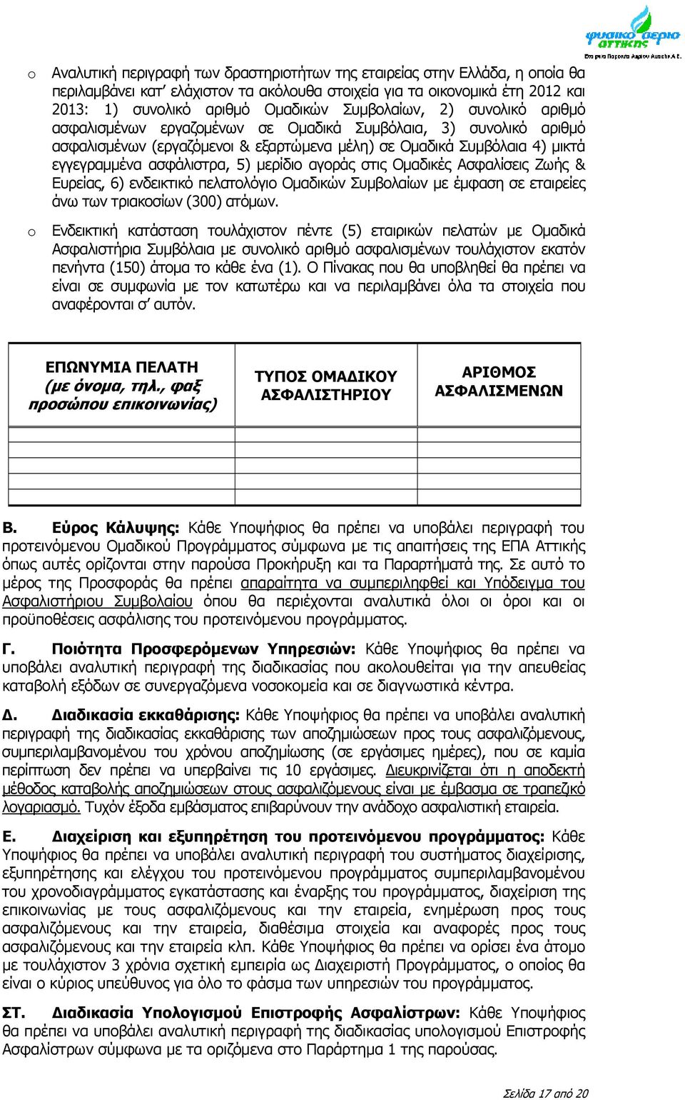 μερίδιο αγοράς στις Ομαδικές Ασφαλίσεις Ζωής & Ευρείας, 6) ενδεικτικό πελατολόγιο Ομαδικών Συμβολαίων με έμφαση σε εταιρείες άνω των τριακοσίων (300) ατόμων.