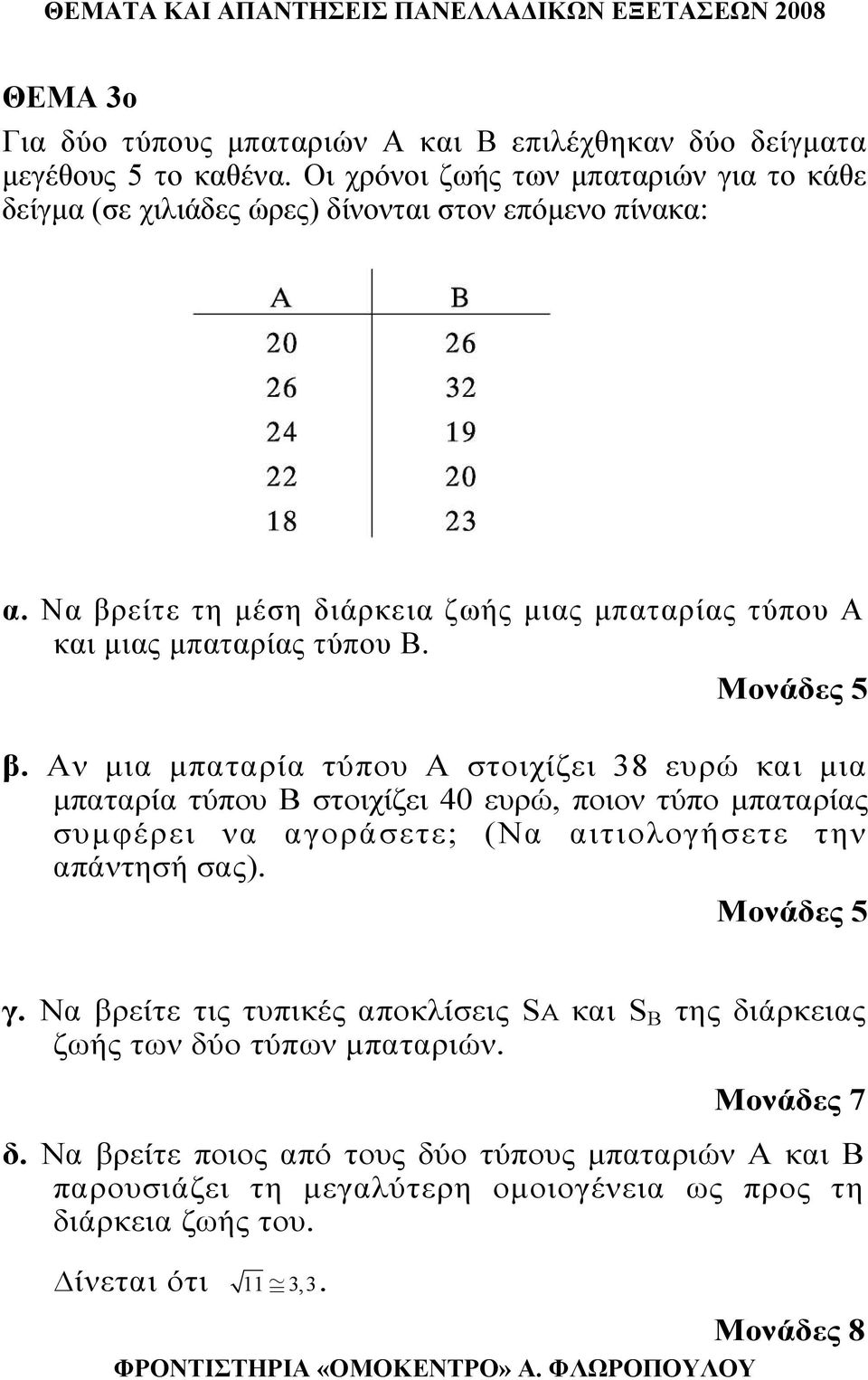 Μονάδες β. Αν μια μπαταρία τύπου Α στοιχίζει 38 ευρώ και μια μπαταρία τύπου Β στοιχίζει 40 ευρώ, ποιον τύπο μπαταρίας συμφέρει να αγοράσετε; (Να αιτιολογήσετε την απάντησή σας).