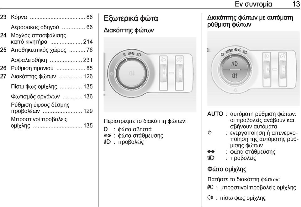 .. 135 Εξωτερικά φώτα Διακόπτης φώτων Περιστρέψτε το διακόπτη φώτων: 7 : φώτα σβηστά 8 : φώτα στάθμευσης 9 : προβολείς Εν συντομία 13 Διακόπτης φώτων με αυτόματη ρύθμιση φώτων AUTO :