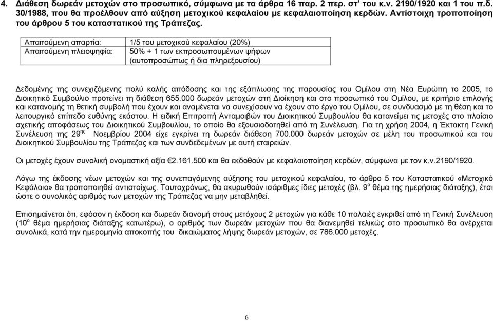 Απαιτούµενη απαρτία: 1/5 του µετοχικού κεφαλαίου (20%) Απαιτούµενη πλειοψηφία: 50% + 1 των εκπροσωπουµένων ψήφων εδοµένης της συνεχιζόµενης πολύ καλής απόδοσης και της εξάπλωσης της παρουσίας του