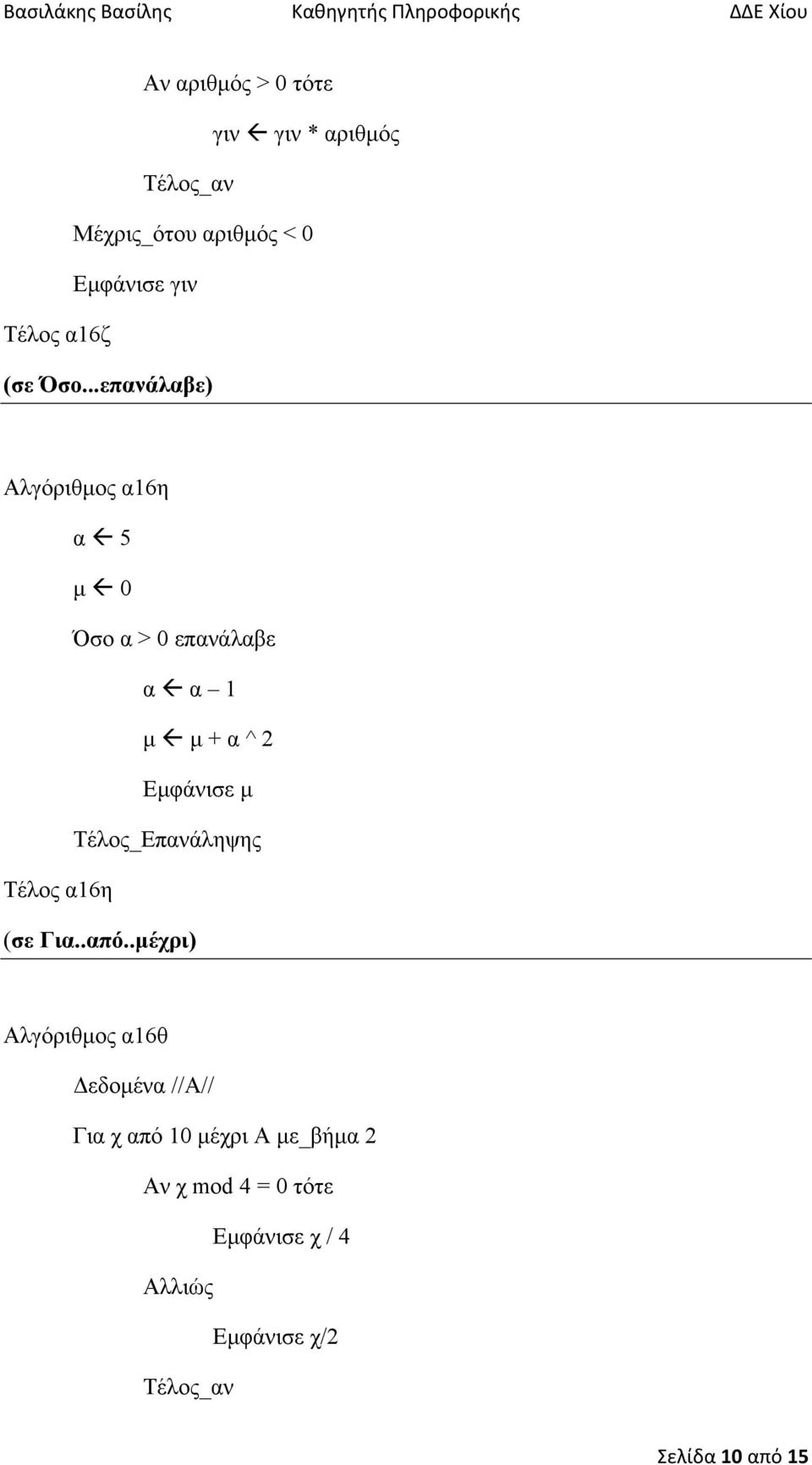 ..επανάλαβε) Αλγόριθµος α16η α 5 µ 0 Όσο α > 0 επανάλαβε α α 1 µ µ + α ^ 2 Εµφάνισε µ