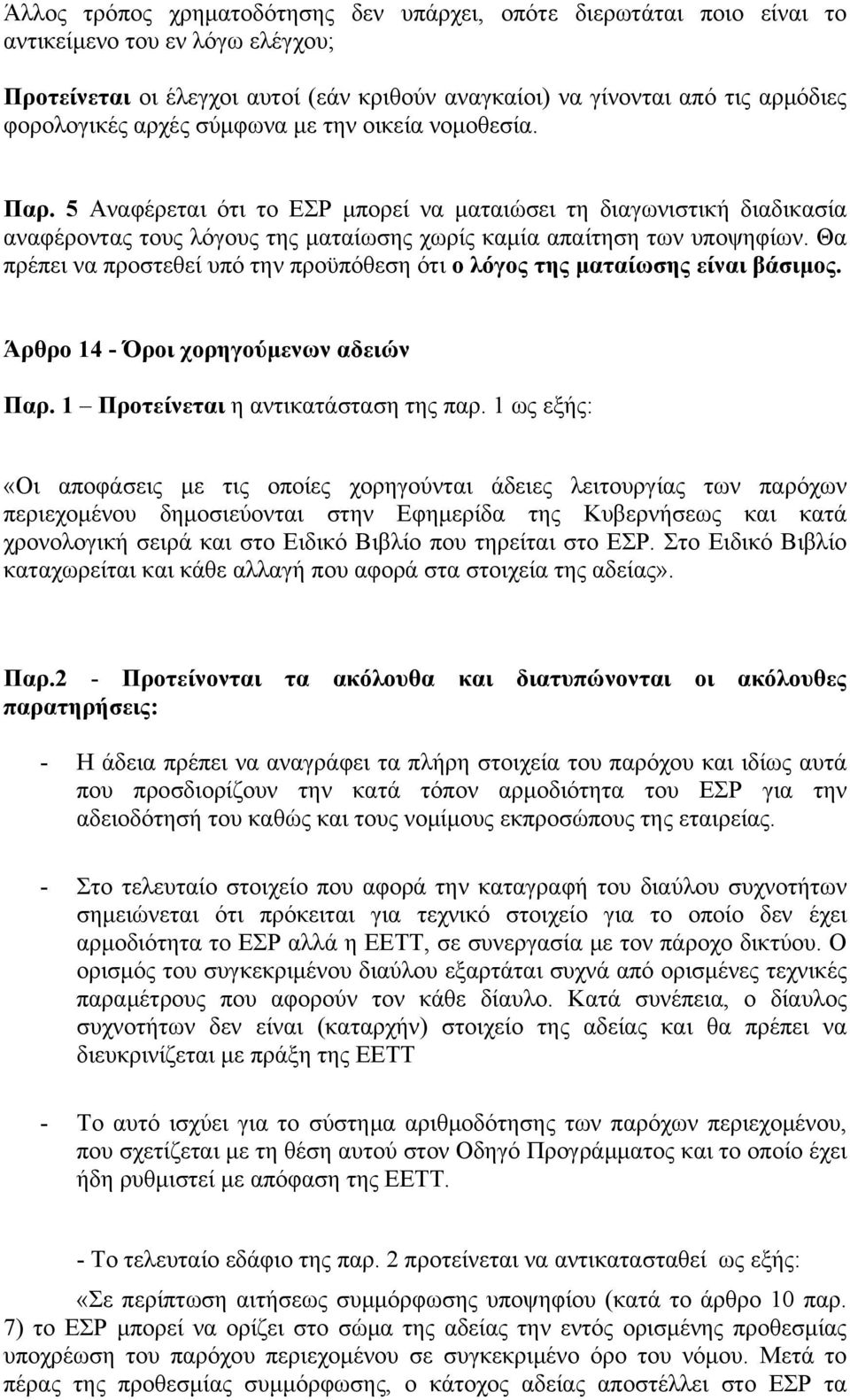 Θα πρέπει να προστεθεί υπό την προϋπόθεση ότι ο λόγος της ματαίωσης είναι βάσιμος. Άρθρο 14 - Όροι χορηγούμενων αδειών Παρ. 1 Προτείνεται η αντικατάσταση της παρ.