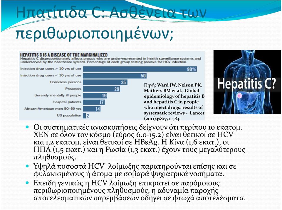 Οι συστηματικές ανασκοπήσεις δείχνουν ότι περίπου 10 εκατομ. ΧΕΝ σε όλον τον κόσμο (εύρος 6.0-15.2) είναι θετικοί σε HCV και 1,2 εκατομ. είναι θετικοί σε HBsAg.Η Κίνα (1,6 εκατ.