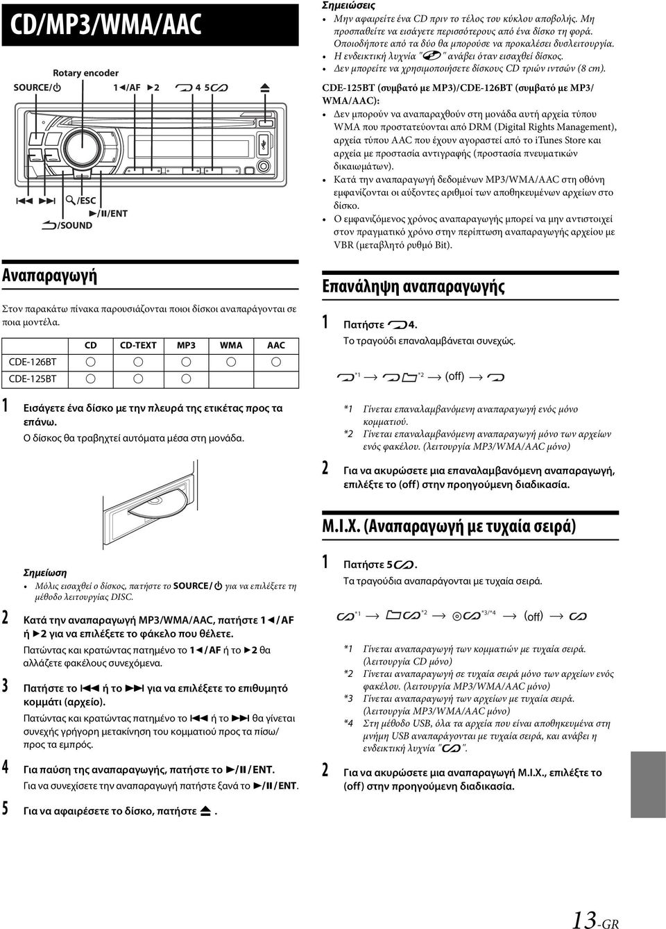 CDE-125BT (συμβατό με MP3)/CDE-126BT (συμβατό με MP3/ WMA/AAC): Δεν μπορούν να αναπαραχθούν στη μονάδα αυτή αρχεία τύπου WMA που προστατεύονται από DRM (Digital Rights Management), αρχεία τύπου AAC