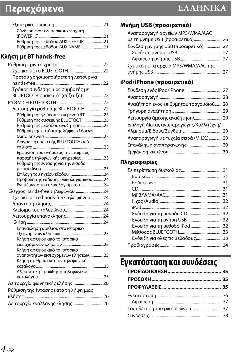 .. 22 ΡΥΘΜΙΣΗ BLUETOOTH... 22 Λειτουργία ρύθμισης BLUETOOTH... 22 Ρύθμιση της γλώσσας του μενού BT...23 Ρύθμιση της συσκευής BLUETOOTH...23 Ρύθμιση της μεθόδου αναζήτησης.