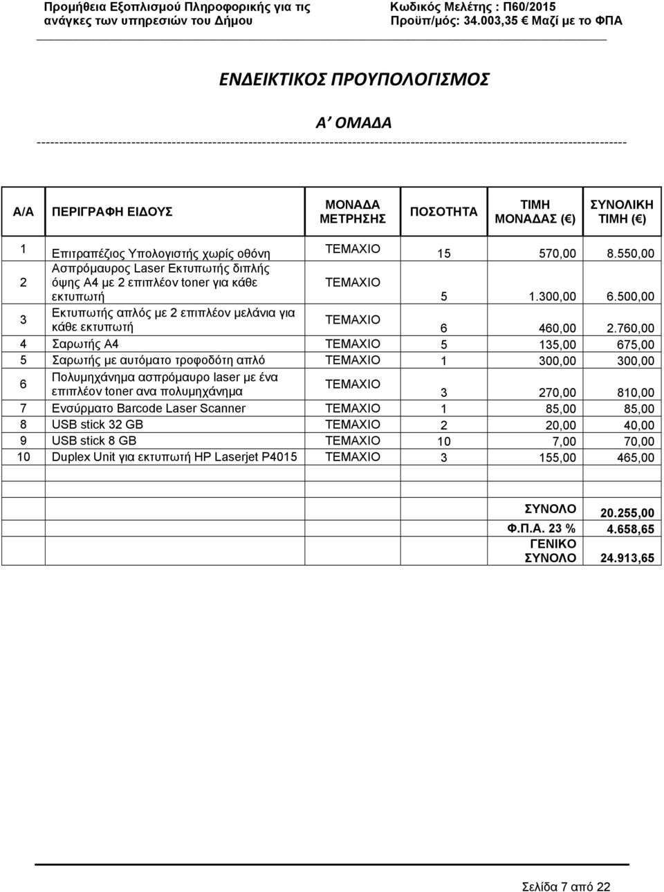 760,00 4 Σαρωτής Α4 ΤΕΜΑΧΙΟ 5 135,00 675,00 5 Σαρωτής με αυτόματο τροφοδότη απλό ΤΕΜΑΧΙΟ 1 300,00 300,00 6 Πολυμηχάνημα ασπρόμαυρο laser με ένα ΤΕΜΑΧΙΟ επιπλέον toner ανα πολυμηχάνημα 3 270,00 810,00