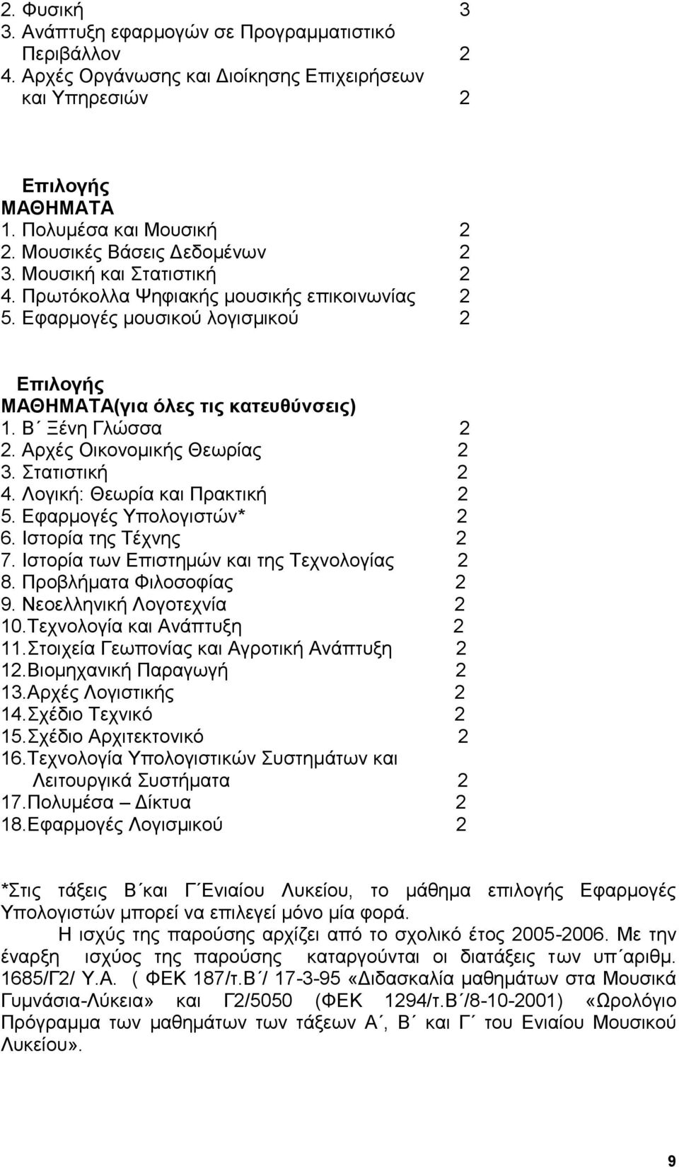 Στατιστική 2 4. Λογική: Θεωρία και Πρακτική 2 5. Εφαρμογές Υπολογιστών* 2 6. Ιστορία της Τέχνης 2 7. Ιστορία των Επιστημών και της Τεχνολογίας 2 8. Προβλήματα Φιλοσοφίας 2 9.