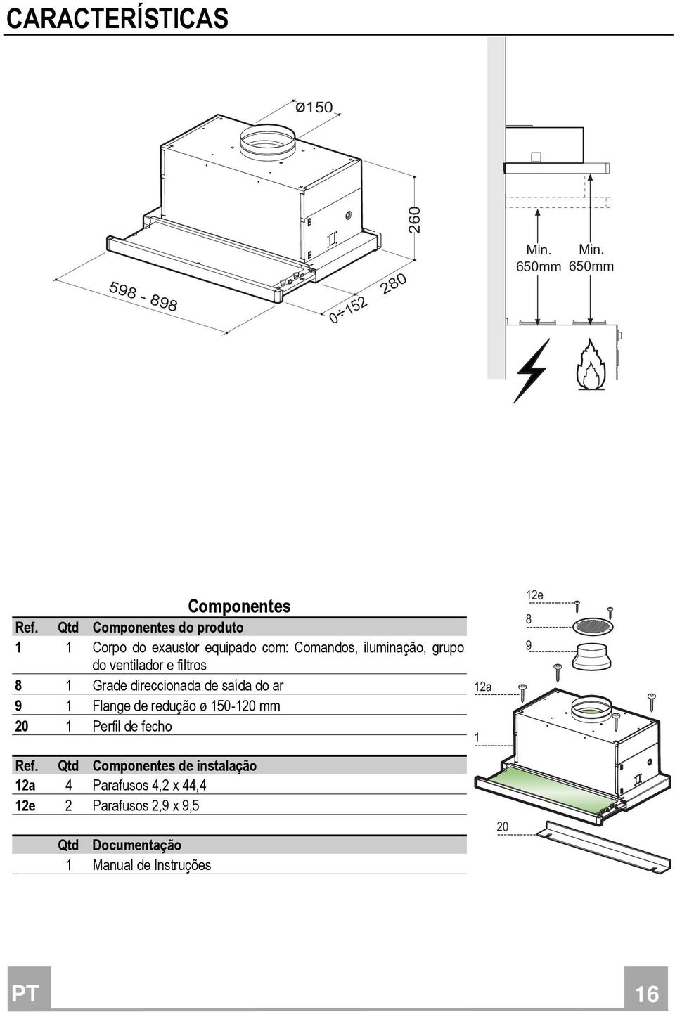 filtros 8 1 Grade direccionada de saída do ar 9 1 Flange de redução ø 150-120 mm 20 1 Perfil de fecho Ref.