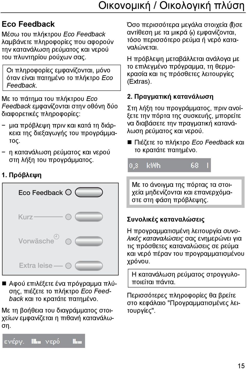 Με το πάτημα του πλήκτρου Eco Feedback εμφανίζονται στην οθόνη δύο διαφορετικές πληροφορίες: μια πρόβλεψη πριν και κατά τη διάρκεια της διεξαγωγής του προγράμματος.