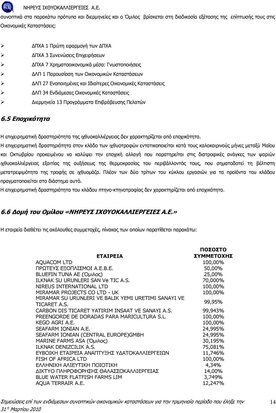 Καταστάσεις ιερµηνεία 13 Προγράµµατα Επιβράβευσης Πελατών 6.5 Εποχικότητα H επιχειρηµατική δραστηριότητα της ιχθυοκαλλιέργειας δεν χαρακτηρίζεται από εποχικότητα.