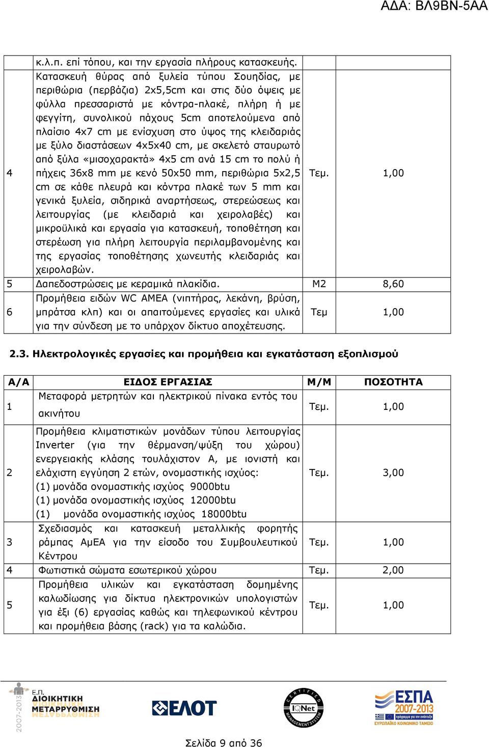 4x7 cm µε ενίσχυση στο ύψος της κλειδαριάς µε ξύλο διαστάσεων 4x5x40 cm, µε σκελετό σταυρωτό από ξύλα «µισοχαρακτά» 4x5 cm ανά 15 cm το πολύ ή πήχεις 36x8 mm µε κενό 50x50 mm, περιθώρια 5x2,5 Τεµ.