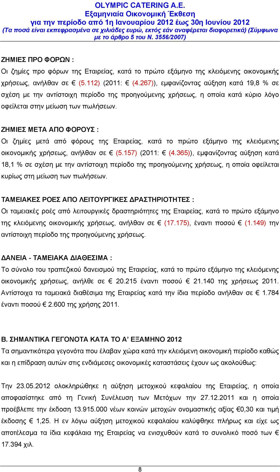 ΖΗΜΙΕΣ ΜΕΤΑ ΑΠΟ ΦΟΡΟΥΣ : Οι ζημίες μετά από φόρους της Εταιρείας, κατά το πρώτο εξάμηνο της κλειόμενης οικονομικής χρήσεως, ανήλθαν σε (5.157) (2011: (4.
