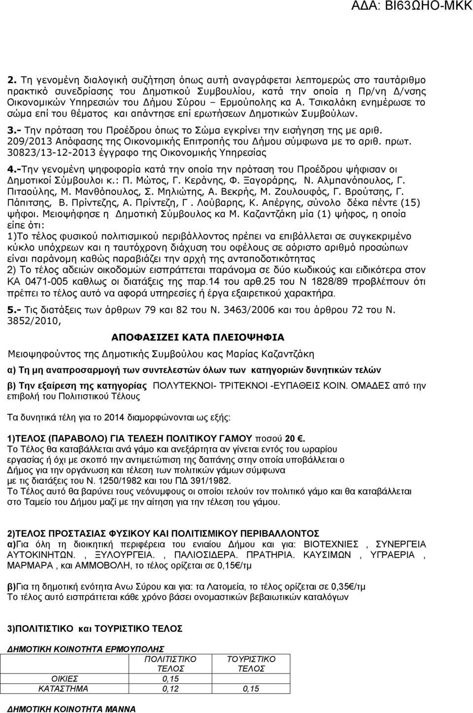 209/2013 Απόφασης της Οικονομικής Επιτροπής του Δήμου σύμφωνα με το αριθ. πρωτ. 30823/13-12-2013 έγγραφο της Οικονομικής Υπηρεσίας 4.