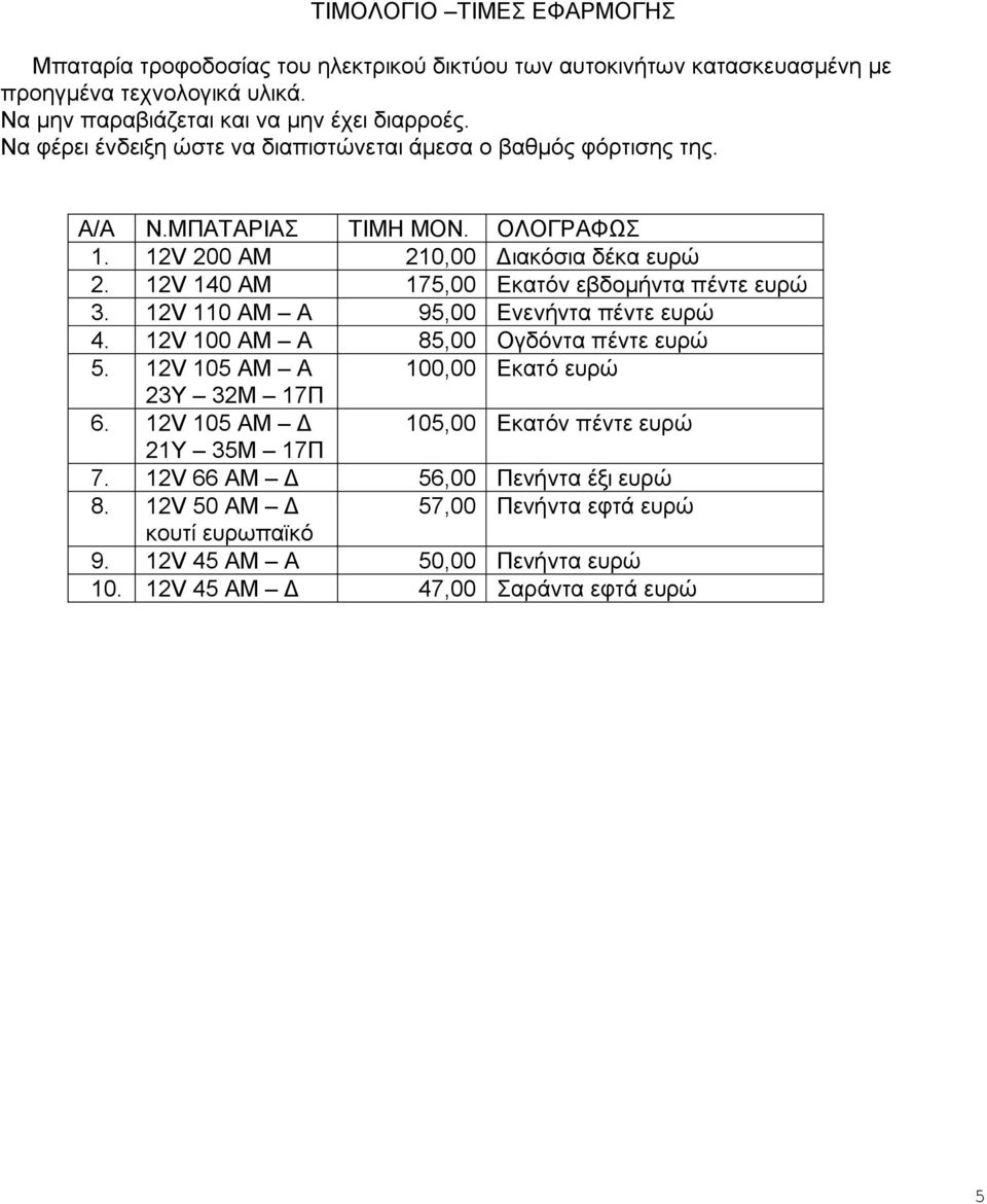 12V 140 AM 175,00 Εκατόν εβδομήντα πέντε ευρώ 3. 12V 110 AM A 95,00 Ενενήντα πέντε ευρώ 4. 12V 100 AM A 85,00 Ογδόντα πέντε ευρώ 5. 12V 105 AM A 100,00 Εκατό ευρώ 23Y 32M 17Π 6.
