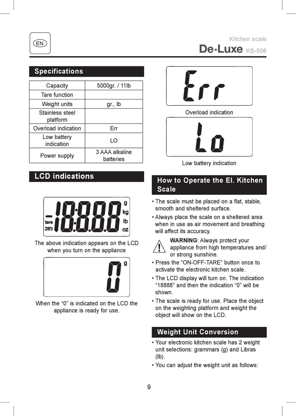 Kitchen Scale The above indication appears on the LCD when you turn on the appliance When the 0 is indicated on the LCD the appliance is ready for use.