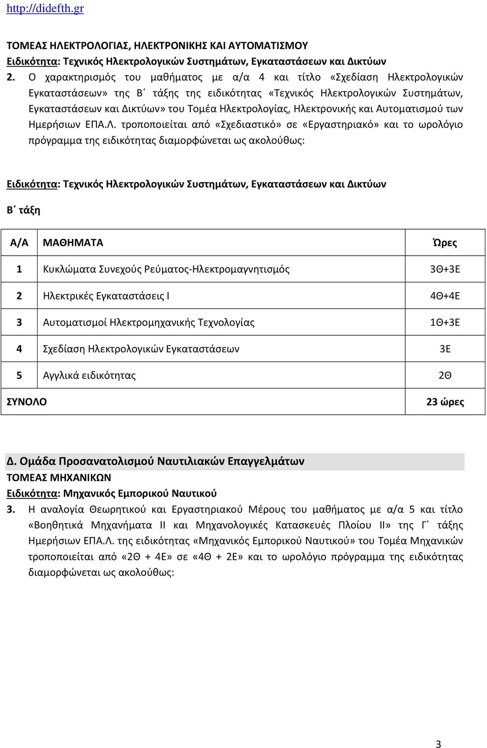 Ηλεκτρολογίας, Ηλεκτρονικής και Αυτοματισμού των Ημερήσιων ΕΠΑ.Λ.