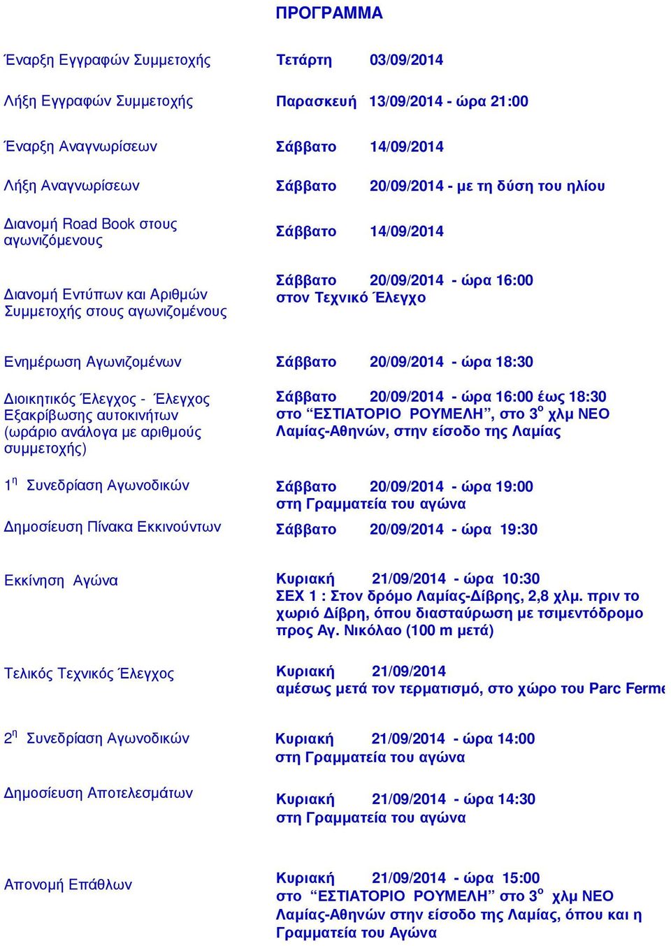 Aγωνιζοµένων Σάββατο 20/09/2014 - ώρα 18:30 ιοικητικός Έλεγχος - Έλεγχος Εξακρίβωσης αυτοκινήτων (ωράριο ανάλογα µε αριθµούς συµµετοχής) Σάββατο 20/09/2014 - ώρα 16:00 έως 18:30 στο ΕΣΤΙΑΤΟΡΙΟ