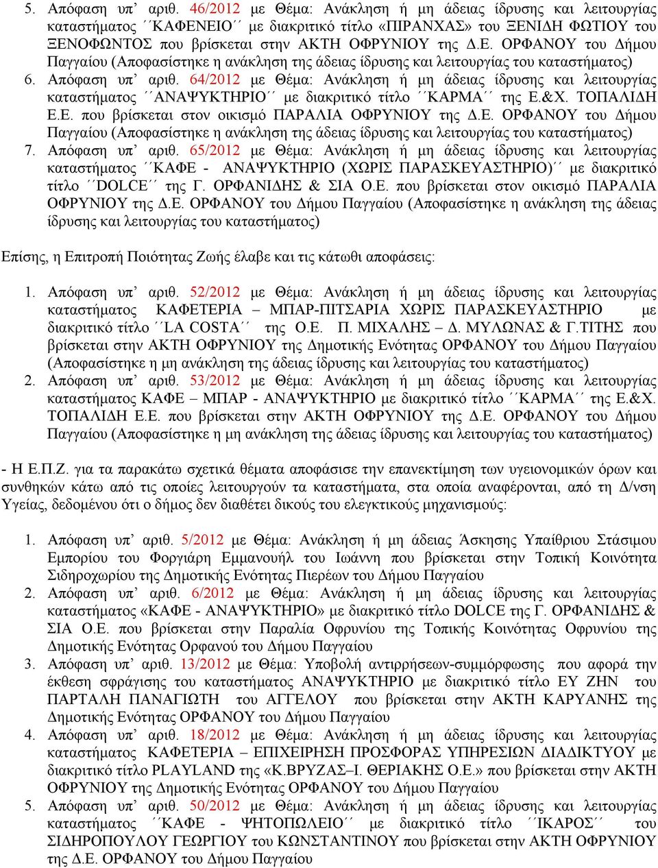 Απόφαση υπ αριθ. 64/2012 με Θέμα: Ανάκληση ή μη άδειας ίδρυσης και λειτουργίας καταστήματος ΑΝΑΨΥΚΤΗΡΙΟ με διακριτικό τίτλο ΚΑΡΜΑ της Ε.&Χ. ΤΟΠΑΛΙΔΗ Ε.Ε. που βρίσκεται στον οικισμό ΠΑΡΑΛΙΑ ΟΦΡΥΝΙΟΥ της Δ.