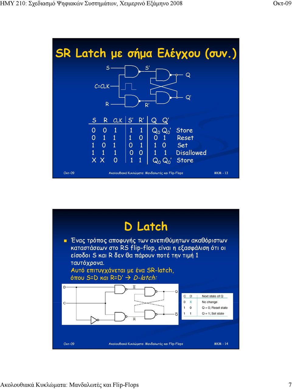 X X 0 1 1 Q 0 Q 0 Store MKM - 13 D Latch Ένας τρόπος αποφυγής των ανεπιθύμητων ακαθόριστων καταστάσεων στο RS flip-flop