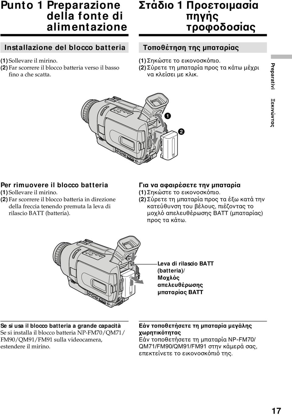 1 2 Preparativi Ξεκινώντας Per rimuovere il blocco batteria (1) Sollevare il mirino. (2) Far scorrere il blocco batteria in direzione della freccia tenendo premuta la leva di rilascio BATT (batteria).