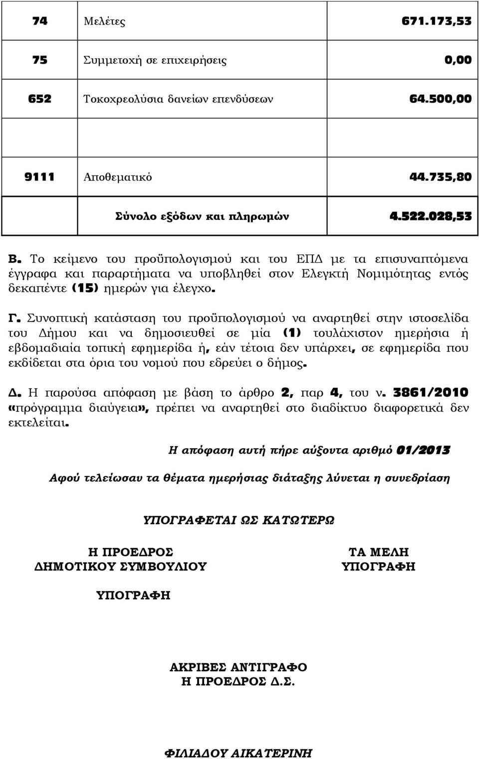 Συνοπτική κατάσταση του προϋπολογισμού να αναρτηθεί στην ιστοσελίδα του Δήμου και να δημοσιευθεί σε μία (1) τουλάχιστον ημερήσια ή εβδομαδιαία τοπική εφημερίδα ή, εάν τέτοια δεν υπάρχει, σε εφημερίδα