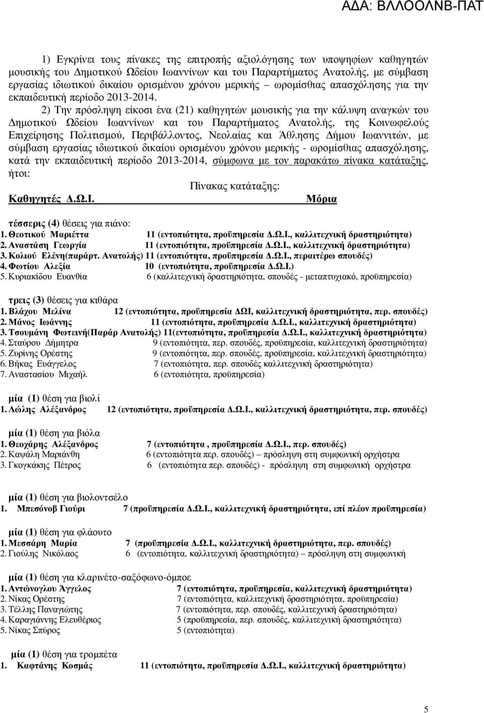 2) Την πρόσληψη είκοσι ένα (21) καθηγητών µουσικής για την κάλυψη αναγκών του ηµοτικού Ωδείου Ιωαννίνων και του Παραρτήµατος Ανατολής, της Κοινωφελούς Επιχείρησης Πολιτισµού, Περιβάλλοντος, Νεολαίας