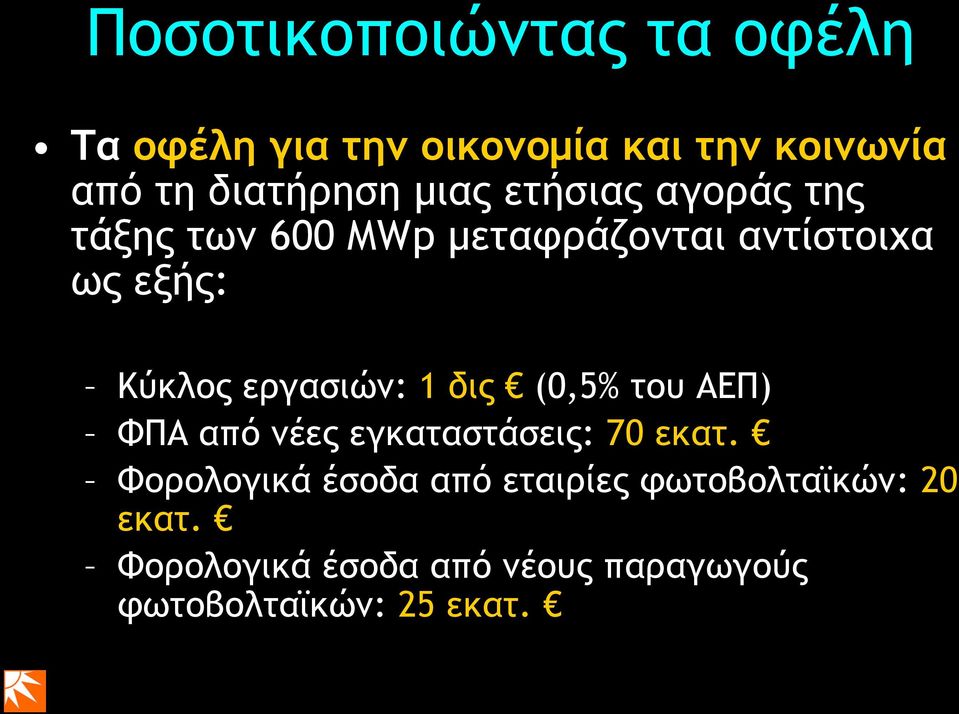 εργασιών: 1 δις (0,5% του ΑΕΠ) ΦΠΑ από νέες εγκαταστάσεις: 70 εκατ.