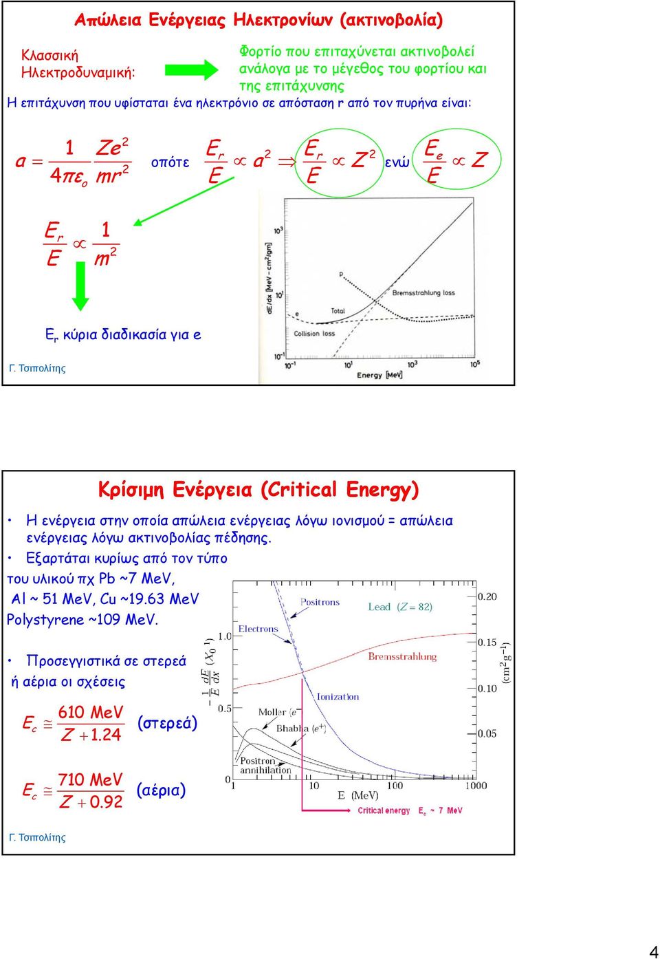 Κρίσιμη Ενέργεια (Critical Enrgy) H ενέργεια στην οποία απώλεια ενέργειας λόγω ιονισμού = απώλεια ενέργειας λόγω ακτινοβολίας πέδησης.