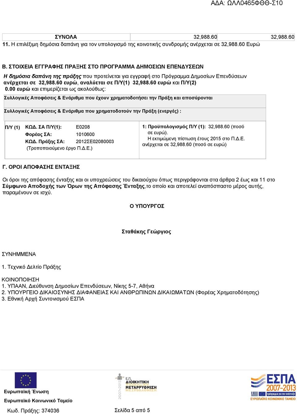 60 ευρώ, αναλύεται σε Π/Υ(1) 32,988.60 ευρώ και Π/Υ(2) 0.