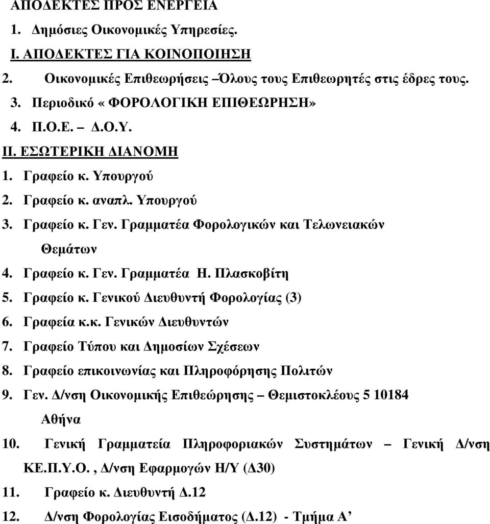 Γραφεία κ.κ. Γενικών ιευθυντών 7. Γραφείο Τύπου και ηµοσίων Σχέσεων 8. Γραφείο επικοινωνίας και Πληροφόρησης Πολιτών 9. Γεν. /νση Οικονοµικής Επιθεώρησης Θεµιστοκλέους 5 10184 Αθήνα 10.