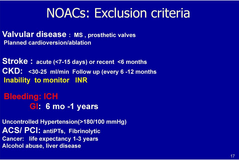 Inability to monitor INR Bleeding: ICH GI: 6 mo -1 years Uncontrolled Hypertension(>180/100 mmhg)