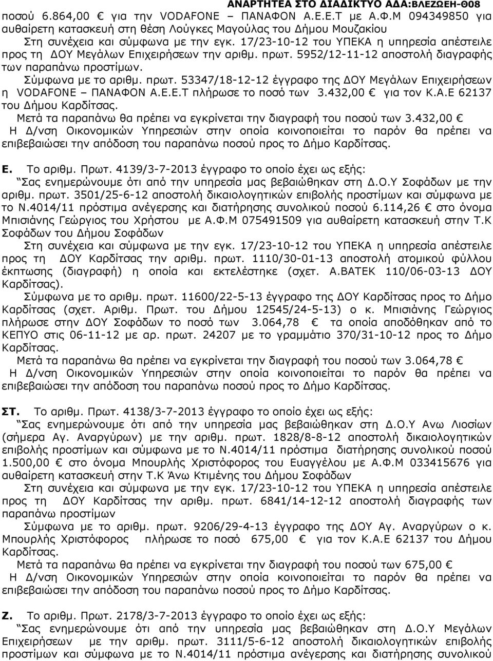 432,00 για τον Κ.Α.Ε 62137 του ήµου Καρδίτσας. Μετά τα παραπάνω θα πρέπει να εγκρίνεται την διαγραφή του ποσού των 3.432,00 Ε. Το αριθµ. Πρωτ.