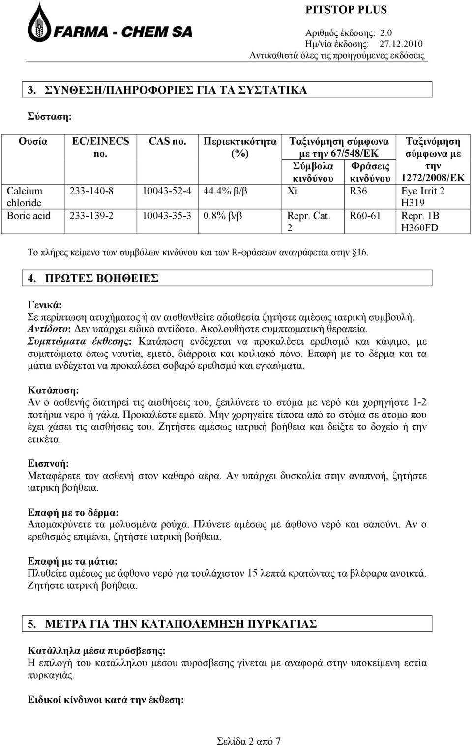 4% β/β Xi R36 Eye Irrit 2 H319 Boric acid 233-139-2 10043-35-3 0.8% β/β Repr. Cat. 2 R60-61 Repr. 1B H360FD Το πλήρες κείμενο των συμβόλων κινδύνου και των R-φράσεων αναγράφεται στην 16. 4.