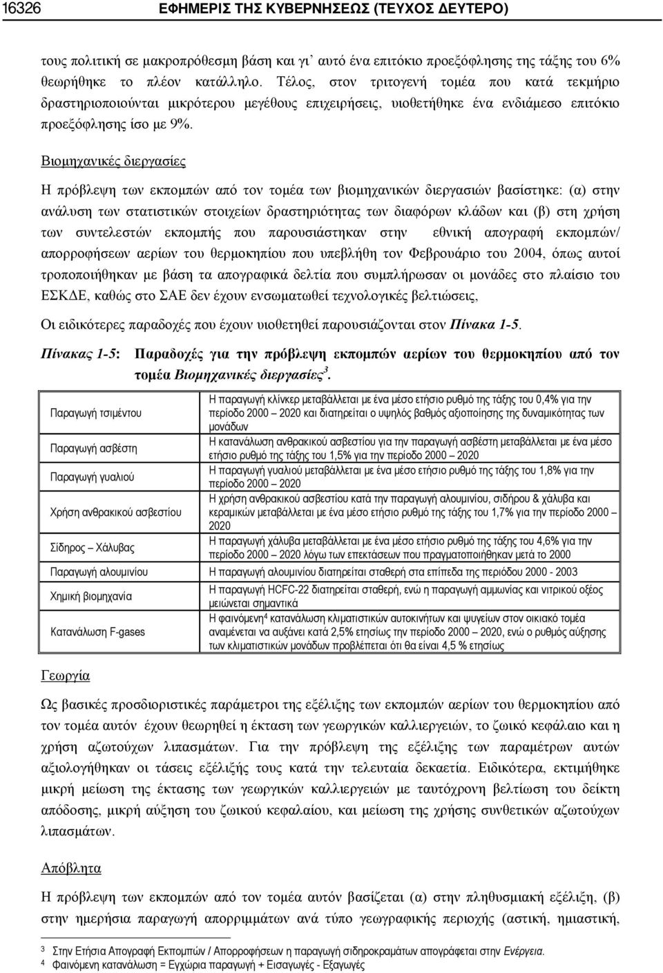Βιομηχανικές διεργασίες Η πρόβλεψη των εκπομπών από τον τομέα των βιομηχανικών διεργασιών βασίστηκε: (α) στην ανάλυση των στατιστικών στοιχείων δραστηριότητας των διαφόρων κλάδων και (β) στη χρήση