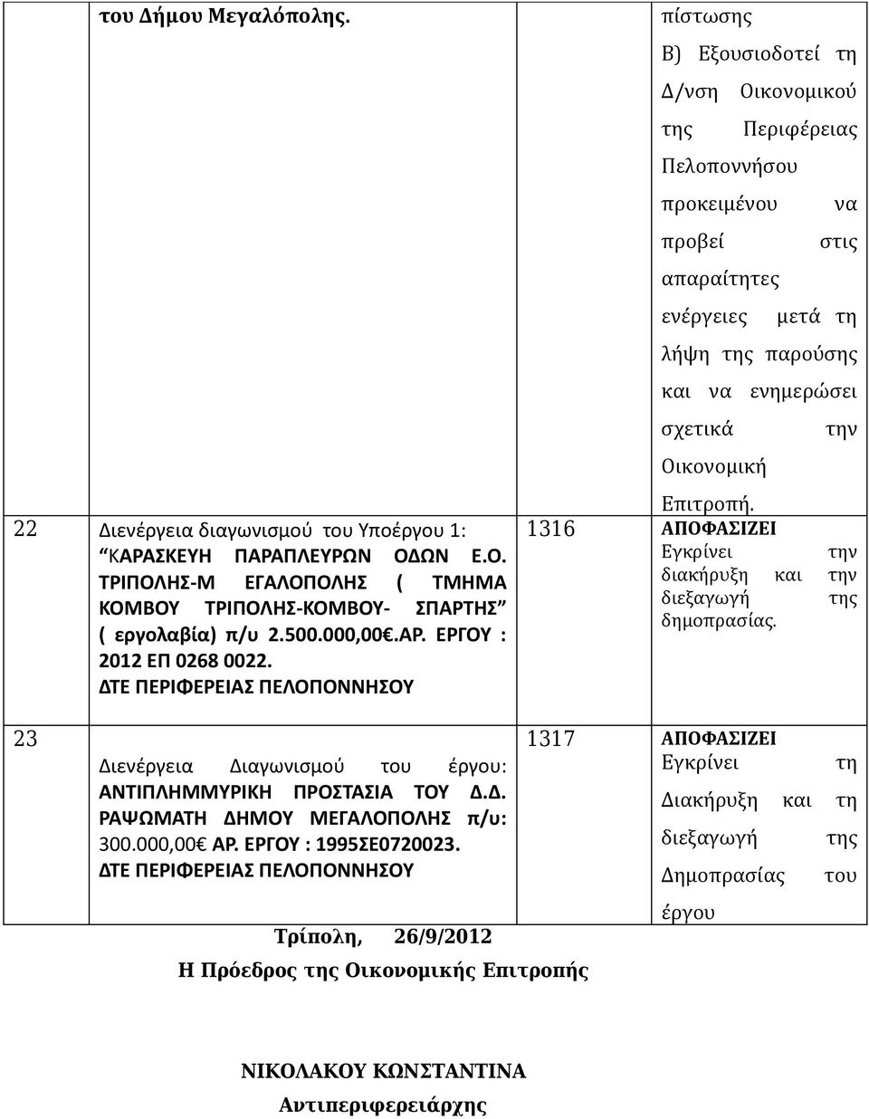 σχετικά την Οικονομική Επιτροπή. 1316 ΑΠΟΦΑΣΙΖΕΙ Εγκρίνει την διακήρυξη και την διεξαγωγή της δημοπρασίας. 23 Διενέργεια Διαγωνισμού του έργου: ΑΝΤΙΠΛΗΜΜΥΡΙΚΗ ΠΡΟΣΤΑΣΙΑ ΤΟΥ Δ.Δ. ΡΑΨΩΜΑΤΗ ΔΗΜΟΥ ΜΕΓΑΛΟΠΟΛΗΣ π/υ: 300.