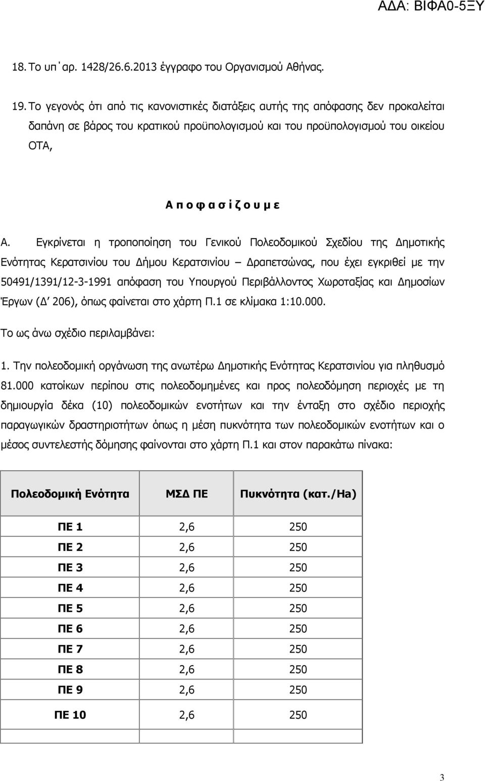 Εγκρίνεται η τροποποίηση του Γενικού Πολεοδομικού Σχεδίου της Δημοτικής Ενότητας Κερατσινίου του Δήμου Κερατσινίου Δραπετσώνας, που έχει εγκριθεί με την 50491/1391/12-3-1991 απόφαση του Υπουργού