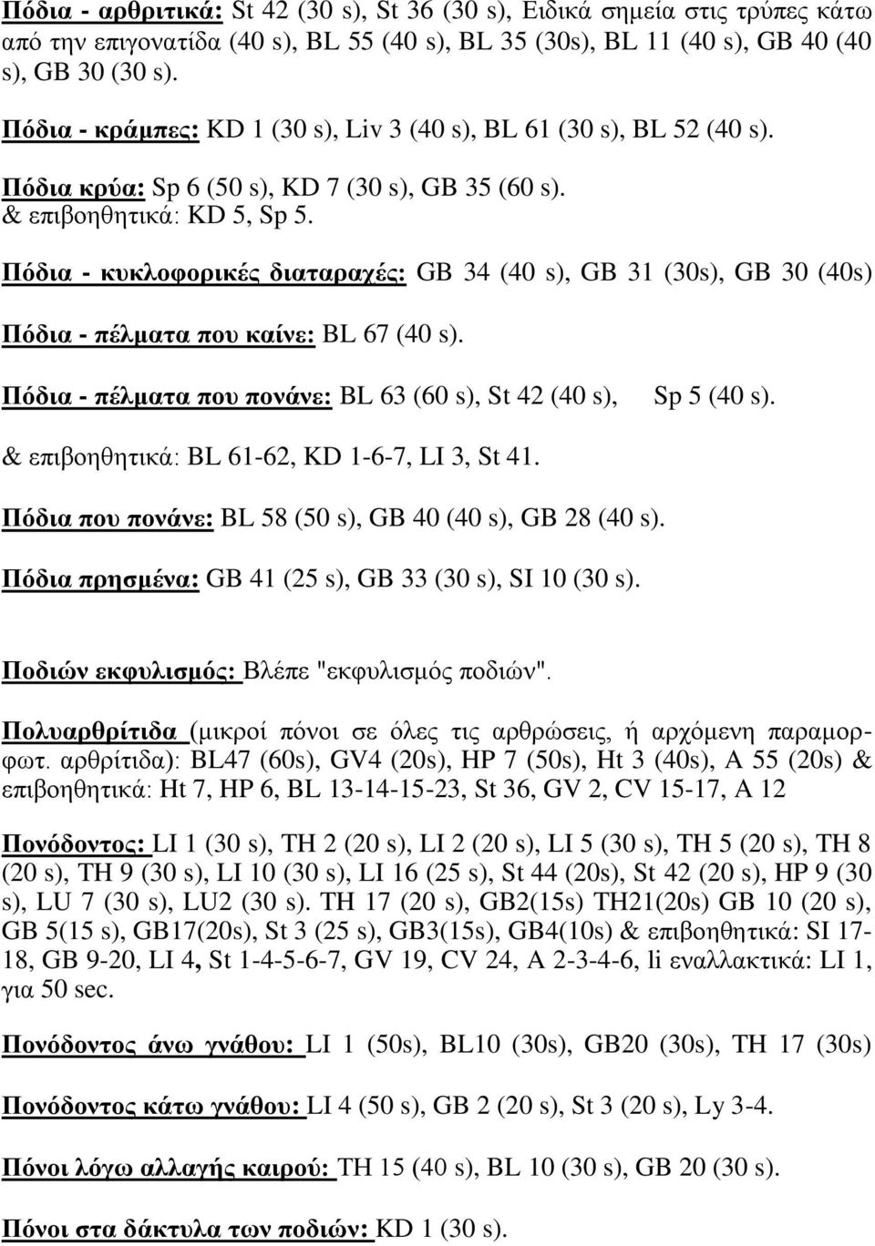 Πφδηα - θπθινθνξηθέο δηαηαξαρέο: GB 34 (40 s), GB 31 (30s), GB 30 (40s) Πφδηα - πέικαηα πνπ θαίλε: BL 67 (40 s). Πφδηα - πέικαηα πνπ πνλάλε: BL 63 (60 s), St 42 (40 s), Sp 5 (40 s).