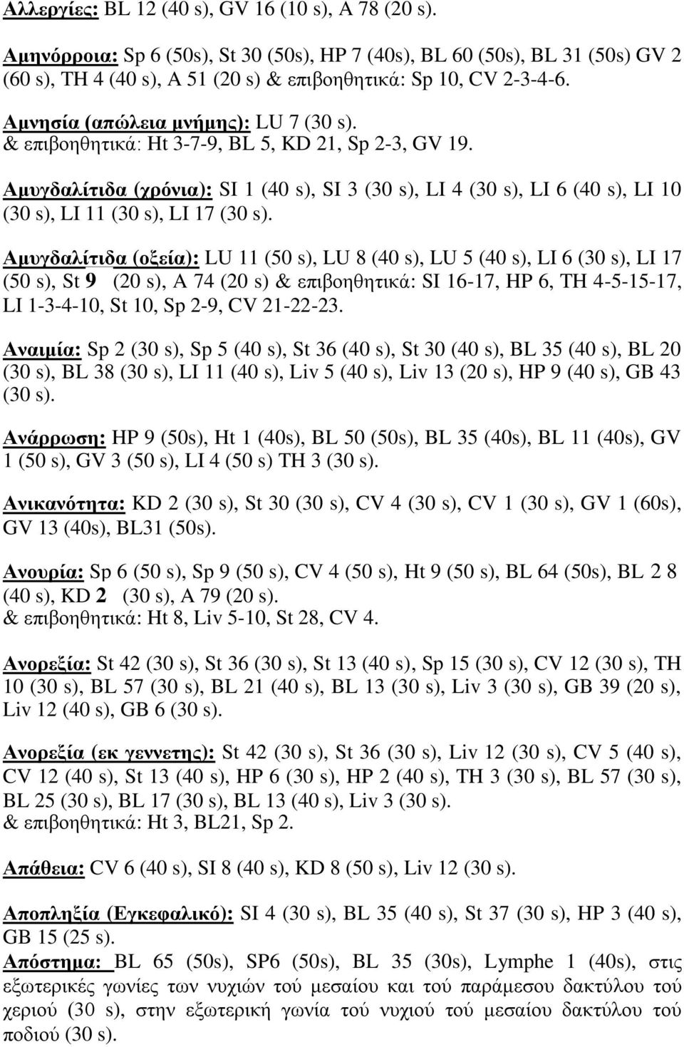 Ακπγδαιίηηδα (ρξφληα): SI 1 (40 s), SI 3 (30 s), LI 4 (30 s), LI 6 (40 s), LI 10 (30 s), LI 11 (30 s), LI 17 (30 s).