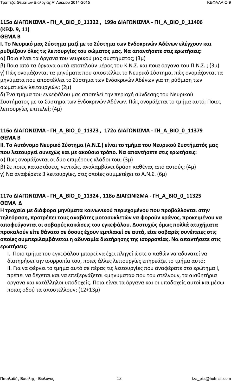 Να απαντήσετε στις ερωτήσεις: α) Ποια είναι τα όργανα του νευρικού μας συστήματος; (3μ) β) Ποια από τα όργανα αυτά αποτελούν μέρος του Κ.Ν.Σ.