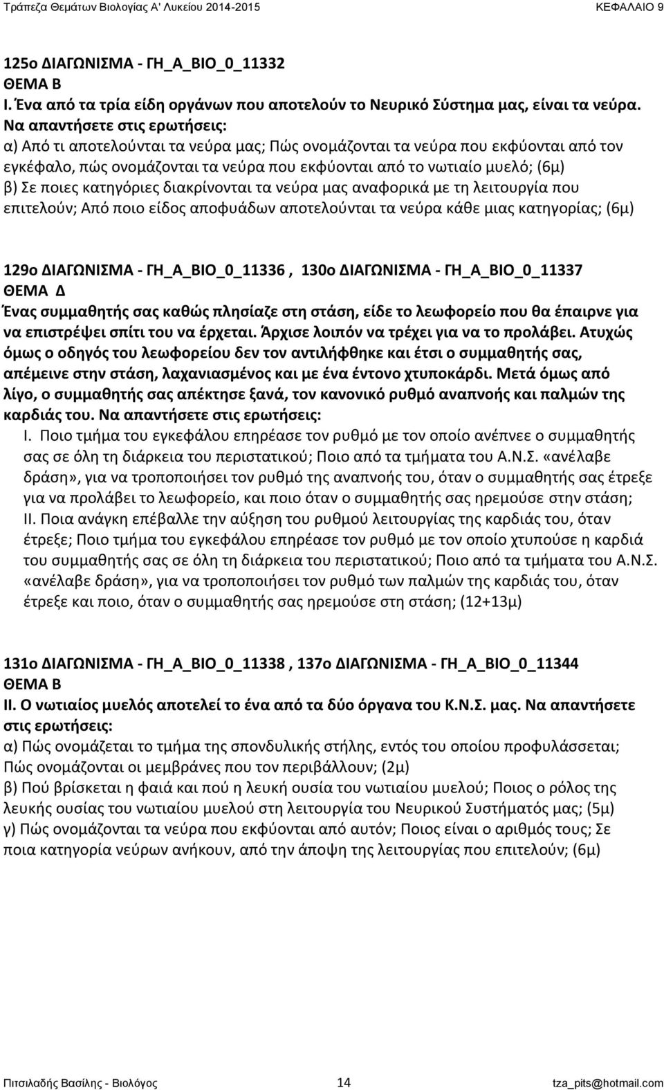 ποιες κατηγόριες διακρίνονται τα νεύρα μας αναφορικά με τη λειτουργία που επιτελούν; Από ποιο είδος αποφυάδων αποτελούνται τα νεύρα κάθε μιας κατηγορίας; (6μ) 129o ΔΙΑΓΩΝΙΣΜΑ - ΓΗ_Α_ΒΙΟ_0_11336, 130o