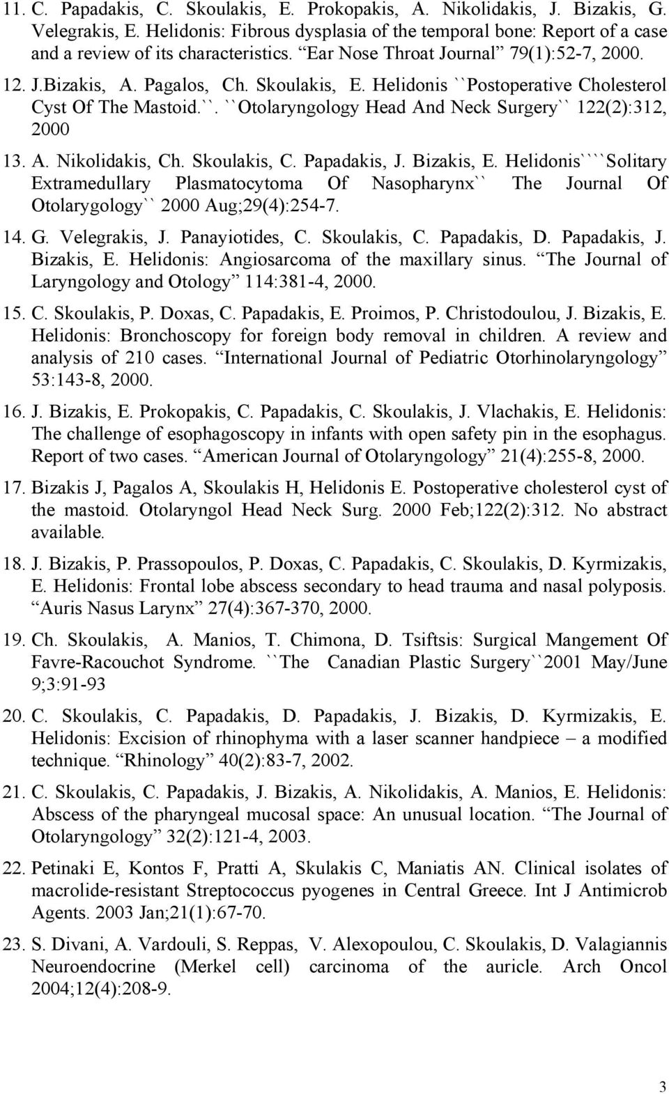 A. Nikolidakis, Ch. Skoulakis, C. Papadakis, J. Bizakis, E. Helidonis````Solitary Extramedullary Plasmatocytoma Of Nasopharynx`` The Journal Of Otolarygology`` 2000 Aug;29(4):254-7. 14. G.